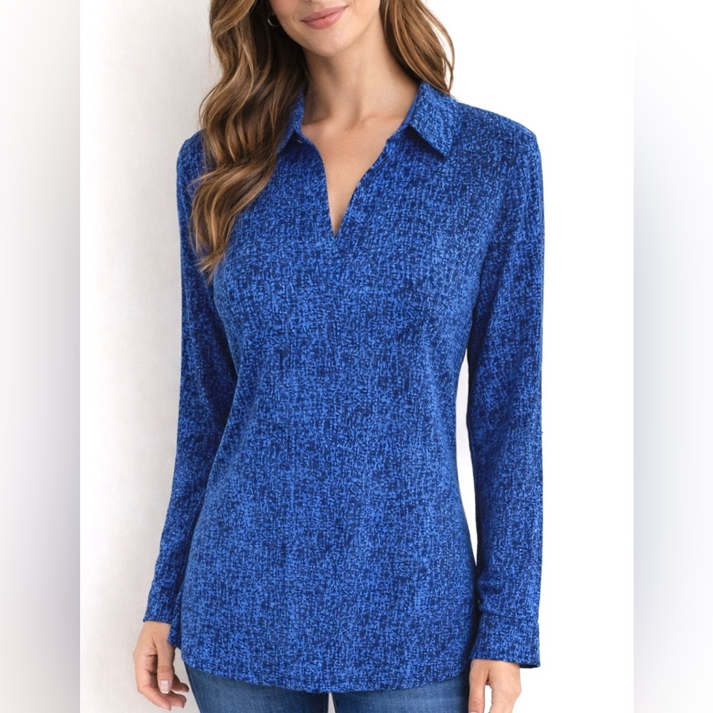 Chico's Royal Blue & black patterned polyester fabric long Sleeve Polo Top.